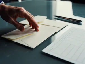 Hand van een inkoopprofessional boven twee verzegelde biedingsenveloppen op een vergadertafel, met een evaluatieformulier en pen ernaast.
