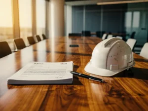 Aanbestedingsdocument en bouwhelm op vergadertafel met pen, symbool van overgang van planning naar uitvoering.
