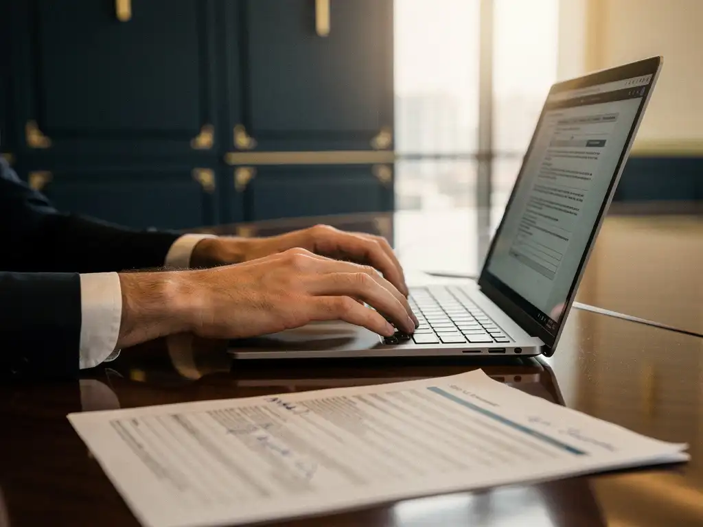 Consultant werkt aan laptop op vergadertafel met opengeslagen aanbestedingsdocument en handgeschreven notities in warm kantoorlicht.