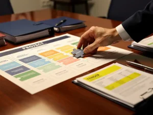 Consultant plaatst laatste puzzelstuk in gestructureerd projectblauwdruk op vergadertafel, met aanbestedingsdocument en pen erbij.