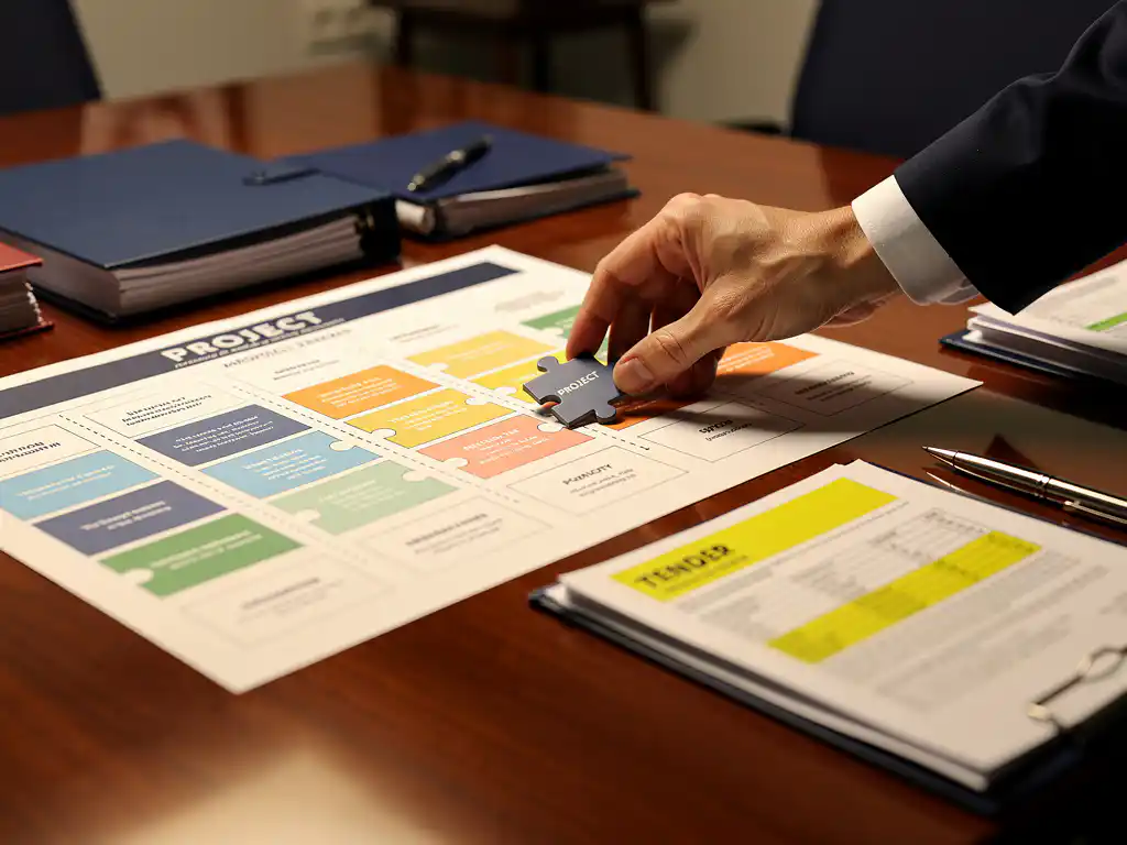 Consultant plaatst laatste puzzelstuk in gestructureerd projectblauwdruk op vergadertafel, met aanbestedingsdocument en pen erbij.