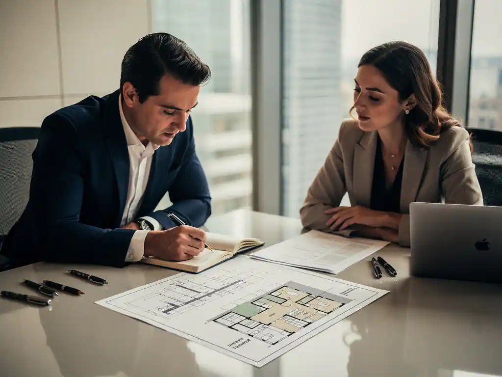 Consultant en inkoopofficier bespreken aanbestedingsdocumenten en architectuurvoorstel aan vergadertafel in professionele kantooromgeving.