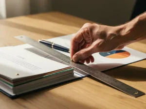 Professionele hand die een liniaal plaatst naast een georganiseerd tenderdocument op een eikenhouten bureau, met een scorecard en pen.