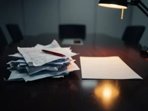 Verfrommeld tenderdocument naast een vlekkeloos voorstel op vergadertafel, rode pen op de rommelige pagina's, warm amberkleurig bureaulamplight.
