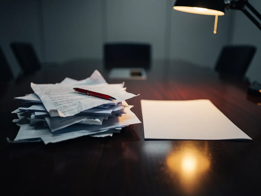 Verfrommeld tenderdocument naast een vlekkeloos voorstel op vergadertafel, rode pen op de rommelige pagina's, warm amberkleurig bureaulamplight.