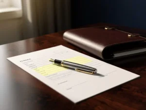 Vulpen op een georganiseerd aanbestedingsdocument met gemarkeerde alinea, leren portfolio op donker eiken bureau in kantooromgeving.