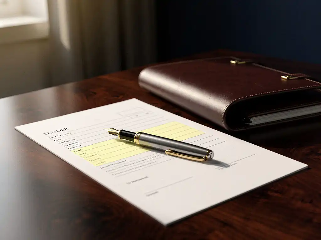 Vulpen op een georganiseerd aanbestedingsdocument met gemarkeerde alinea, leren portfolio op donker eiken bureau in kantooromgeving.