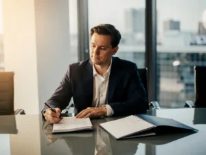 Zakenman overweegt aandachtig een openliggend tenderdocument op vergadertafel, afgewezen map opzijgeschoven, modern kantoor.