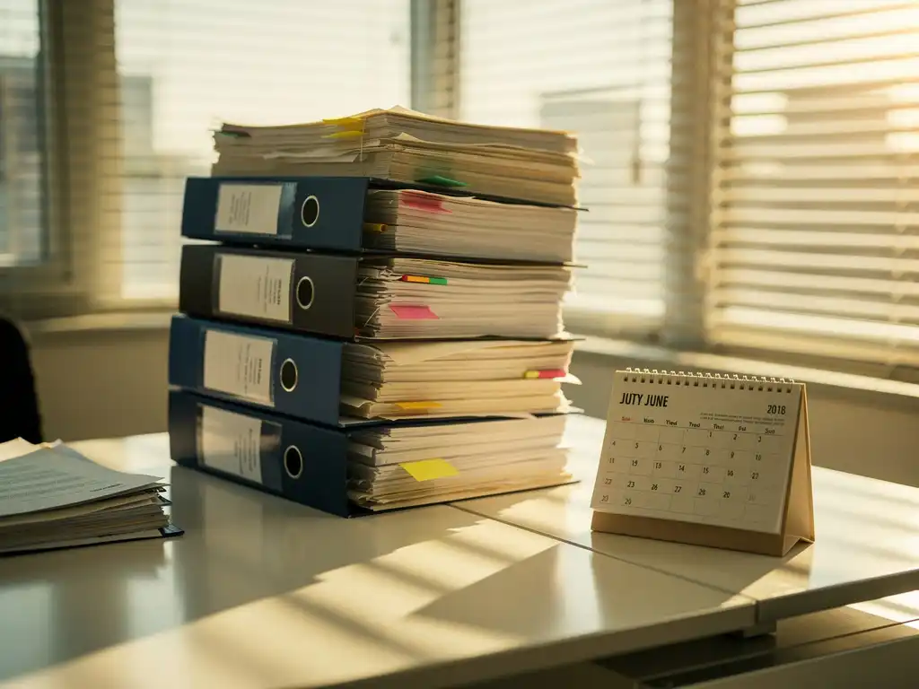 Stapel aanbestedingsdocumenten op kantoorbureau met opengeslagen bureaukalender in juni, warm middaglicht door jaloezieën.