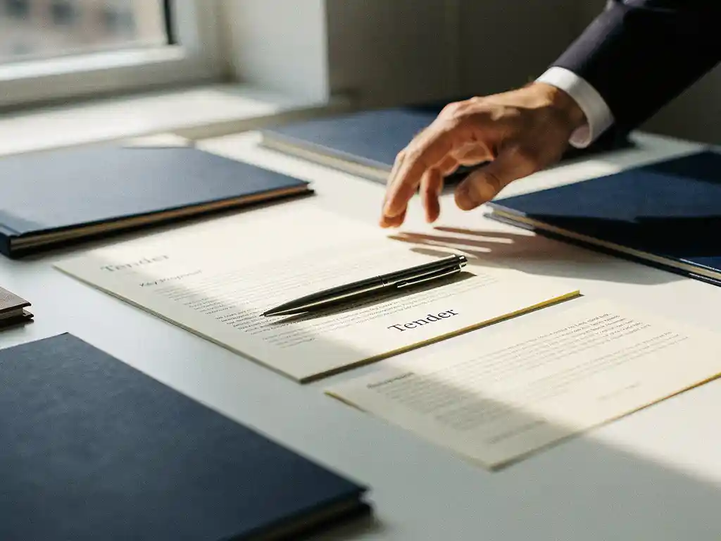 Hand boven aanbestedingsdocumenten op wit bureau, met centraal geplaatst voorstel en pen, in natuurlijk raamlicht.