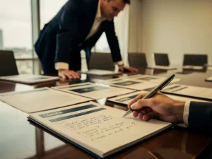 Professional buigt zich over aanbestedingsdocumenten en juridisch notitieblok op vergadertafel, pen in hand, warm natuurlijk licht.