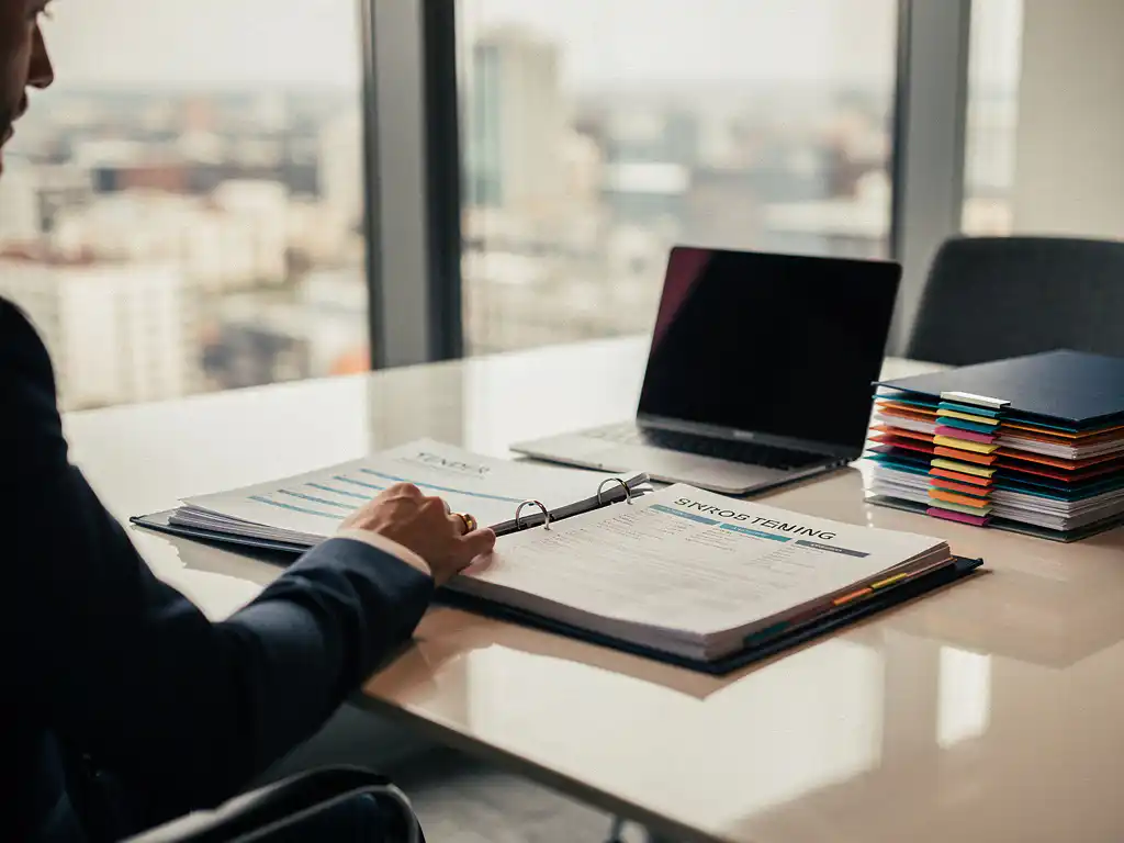Professional die tenderdocumenten bestudeert aan een conferentietafel met laptop, kleurgecodeerde mappen en strategiebinder in modern kantoor.