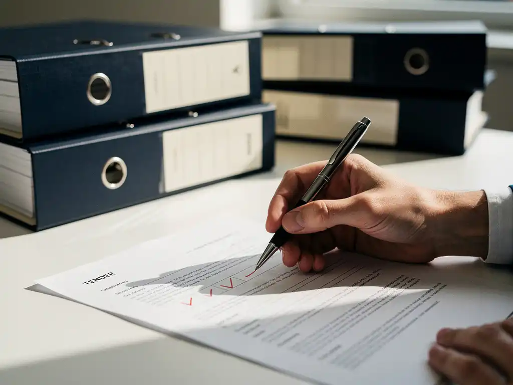 Hand van een aanbestedingsevaluator die een rode markering plaatst op een tenderdocument, omringd door gestapelde offertemappen op een vergadertafel.
