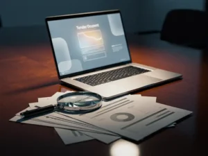 Laptop met verlicht aanbestedingsdocument op vergadertafel, vergrootglas ernaast, formele biedstukken uitgewaaierd daaronder.