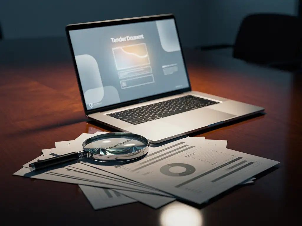 Laptop met verlicht aanbestedingsdocument op vergadertafel, vergrootglas ernaast, formele biedstukken uitgewaaierd daaronder.