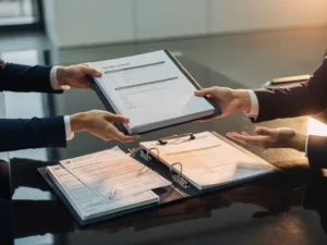 Dikke aanbestedingsmap die over een vergadertafel wordt overhandigd, met bouwvergunningen en getekende contracten zichtbaar eronder.