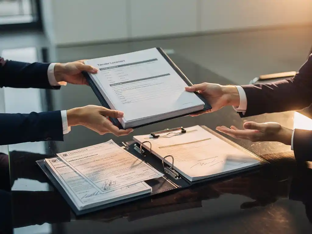 Dikke aanbestedingsmap die over een vergadertafel wordt overhandigd, met bouwvergunningen en getekende contracten zichtbaar eronder.