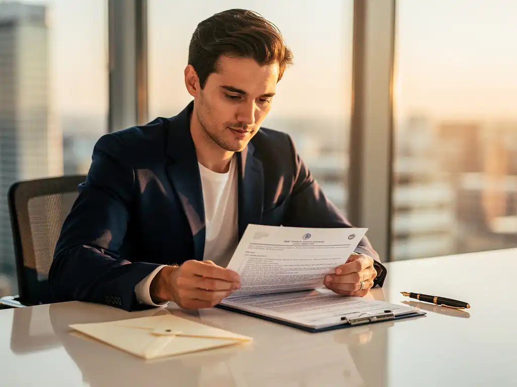 Professional in blazer bestudeert aanbestedingsdocument aan vergadertafel, met verzegelde envelop en vulpen in warm kantoorlicht.