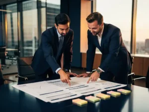 Twee zakelijke professionals buigen over een tenderdocument op een vergadertafel met plaknotities en biedspecificaties in een modern kantoor.