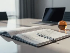 Openliggend aanbestedingsdocument op vergadertafel met mechanisch potlood op strategische notities en laptop op achtergrond.
