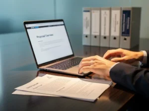 Tendermanager schikt gedrukte offertes naast open laptop op vergadertafel, met gebonden biedmappen op achtergrond.