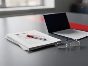 Stapel formele tenderdocumenten op vergadertafel met rood gecorrigeerd vel, leesbril naast open map in kantoorlicht.