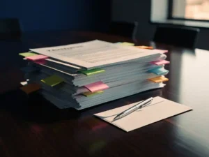 Stapel aanbestedingsdocumenten met sticky notes op een glanzende vergadertafel, pen op ongeopende envelop, warm amberkleurig licht.