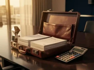 Open leren aktetas op vergadertafel met voorsteldocumenten, trofee en rekenmachine in warm gouden kantoorlicht.