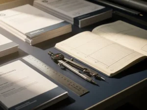 Mechanisch passer en liniaal op architectentafel met georganiseerde offertedocumenten en aantekeningenboek in marineblauw en ivoor tinten.