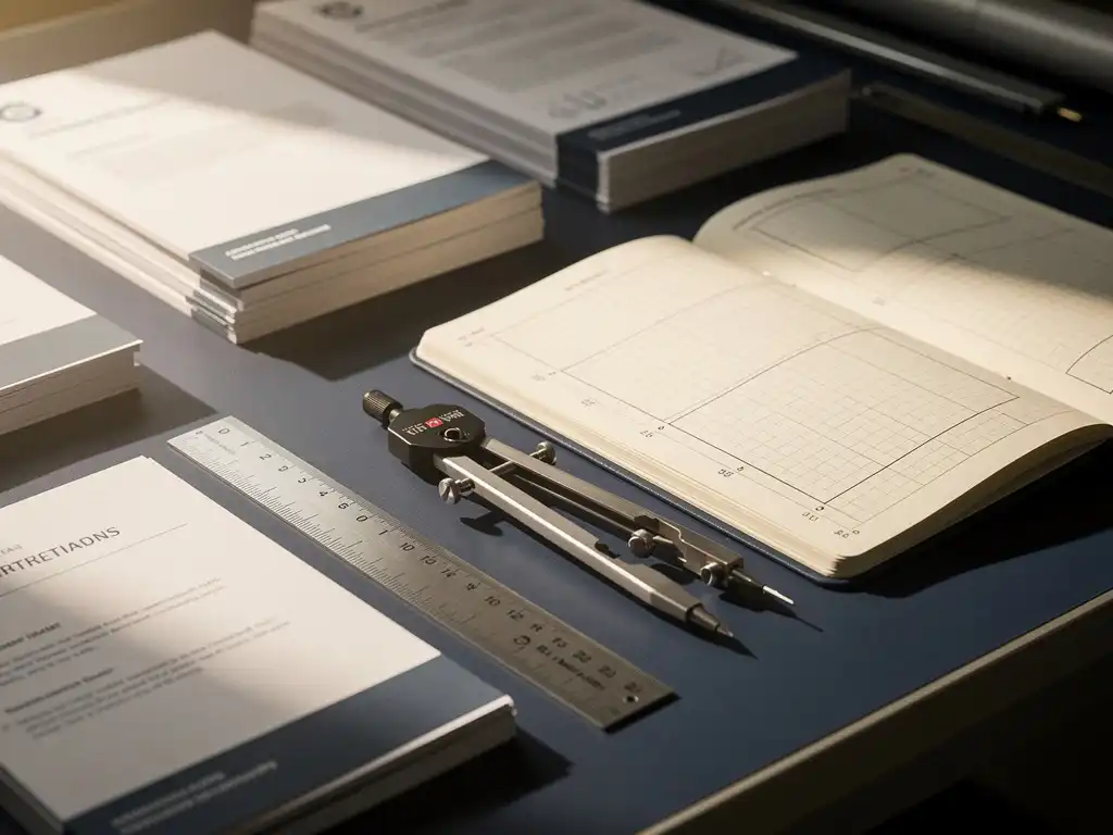 Mechanisch passer en liniaal op architectentafel met georganiseerde offertedocumenten en aantekeningenboek in marineblauw en ivoor tinten.