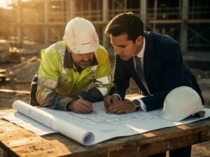 Bouwopzichter en inkoopmanager buigen samen over technische tekeningen op een verouderde houten werktafel, vroeg ochtendlicht, bouwhelm ernaast.