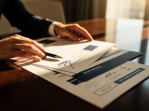 Consultanthanden die een gedetailleerd briefingdocument openvouwen op een vergadertafel, met een pen op een handgeschreven aantekening.