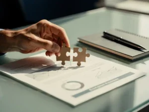 Consultant die twee puzzelstukjes nauwkeurig samenbrengt op glazen bureau, met notitieboek en pen op de achtergrond.