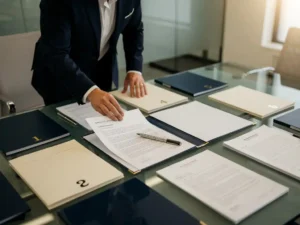 Professional die genummerde contractmappen ordent op glazen vergadertafel, één map open met voorstelpagina's en pen, modern B2B-kantoor.