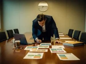 Professional spreidt kleurgecodeerde biedstrategie documenten uit op vergadertafel, laptop en koffiekop zichtbaar, wandklok op achtergrond.