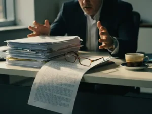 Gefrustreerde beoordelaar die een stapel dichte voorsteldocumenten opzijschuift aan een bureau, koffie en leesbril op opengeslagen pagina.