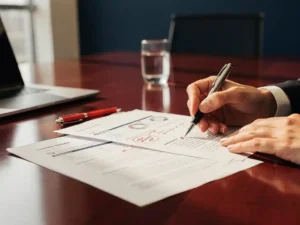 Evaluator beoordeelt aanbestedingsdocument met rode pen op vergadertafel, laptop en glas water op de achtergrond.