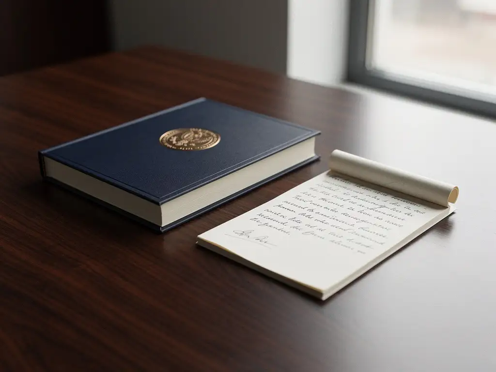 Formeel aanbestedingsdocument met officieel zegel naast een handgeschreven zakelijk voorstel op een donker eiken bureau.