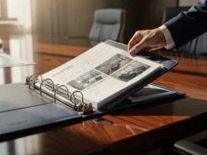 Professionele hand die een document plaatst in een georganiseerde map met referentiebladen op een vergadertafel.
