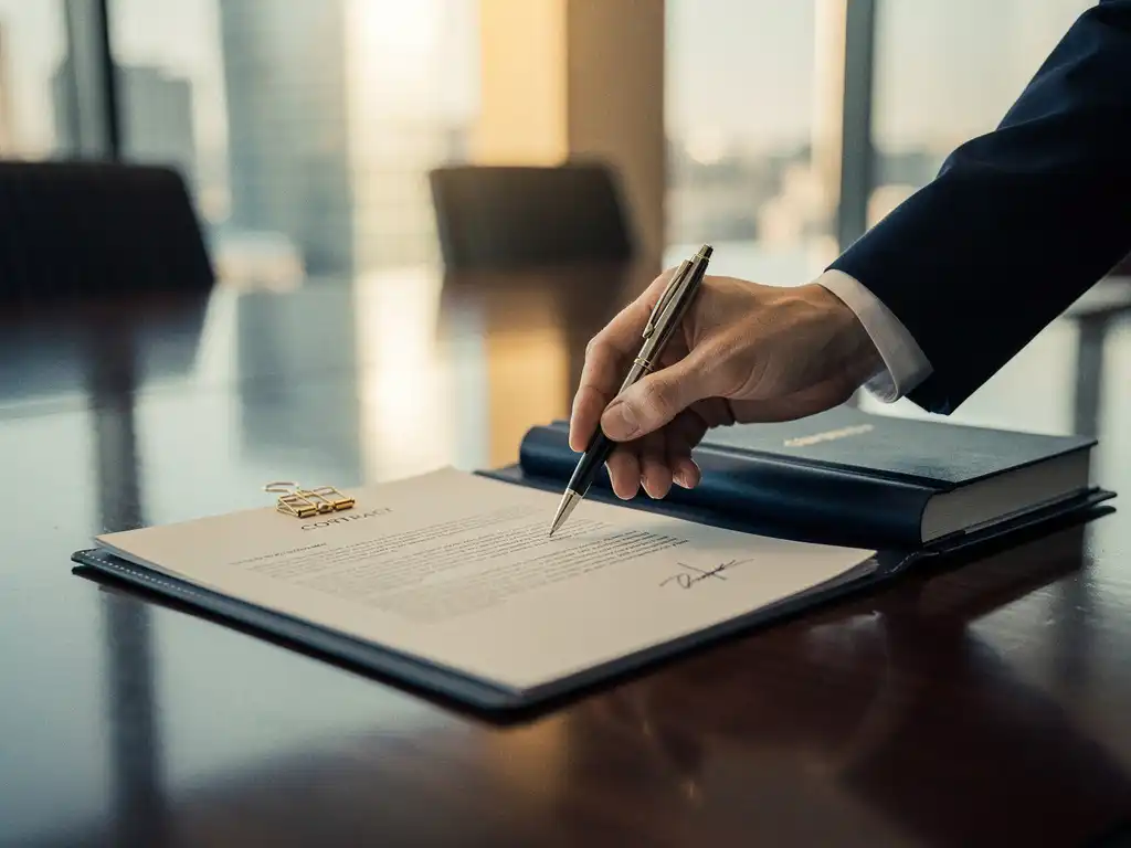 Ondertekend contract op vergadertafel naast proposalboekje, professional legt pen neer in warm kantoorlicht.