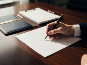 Hand schrijft notities met vulpen op wit document, leren map en gemarkeerde brief op donker eiken bureau in modern B2B-kantoor.