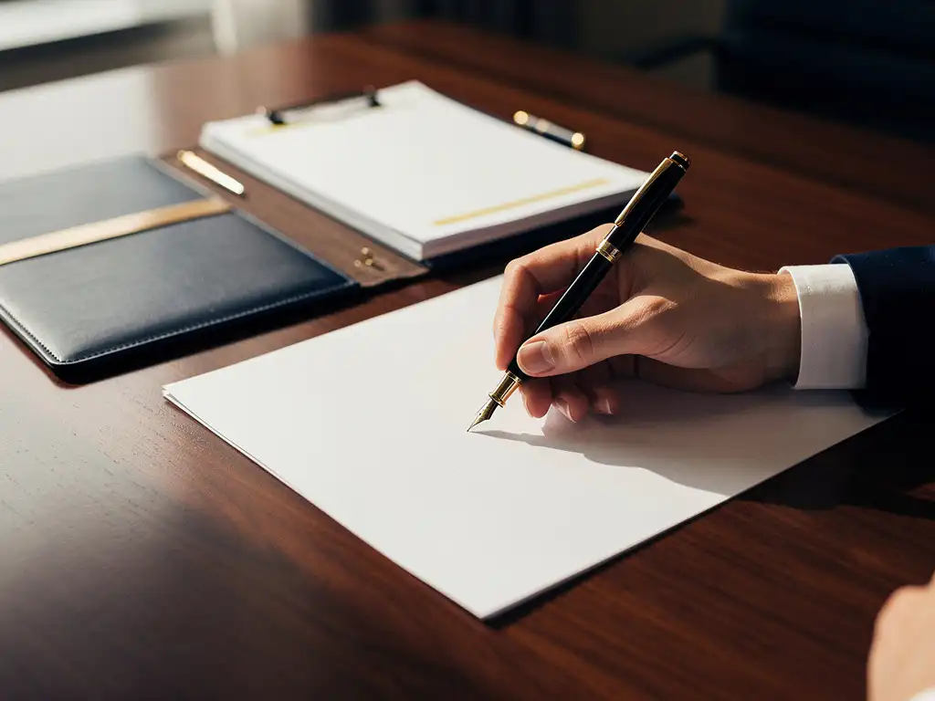 Hand schrijft notities met vulpen op wit document, leren map en gemarkeerde brief op donker eiken bureau in modern B2B-kantoor.