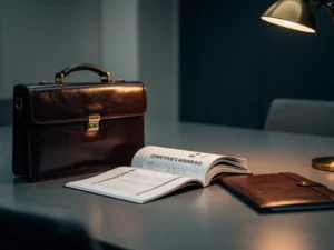 Gepolijste leren aktetas op vergadertafel naast winnend bod document, afgewezen voorstel aan zijkant, warm amberkleurig licht.