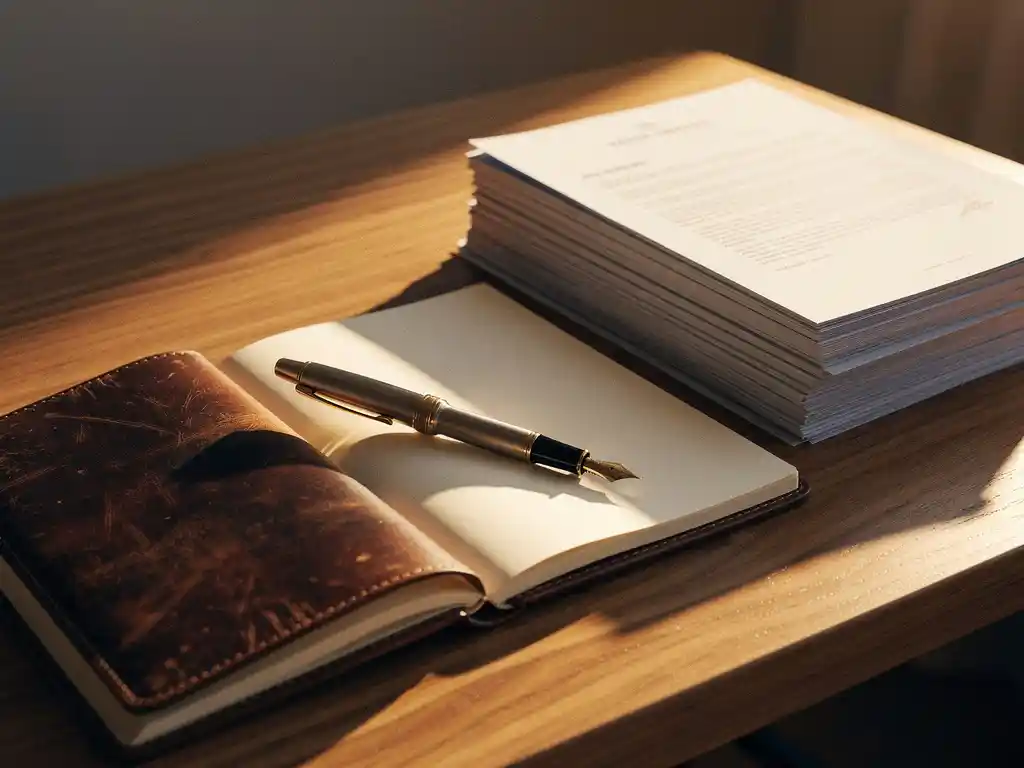 Opengeslagen leren notitieboek met vulpen op een eikenhouten bureau, naast formele aanbestedingsdocumenten in warm goudkleurig licht.
