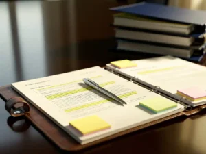 Opengeslagen leren portfolio op vergadertafel met gemarkeerde documenten, sticky notes en een pen, referentiemappen op achtergrond.