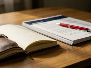 Opengeslagen leren notitieboek met handgeschreven evaluatienotities naast een gedrukt voorstel op een eikenhouten bureau, met een rode pen.
