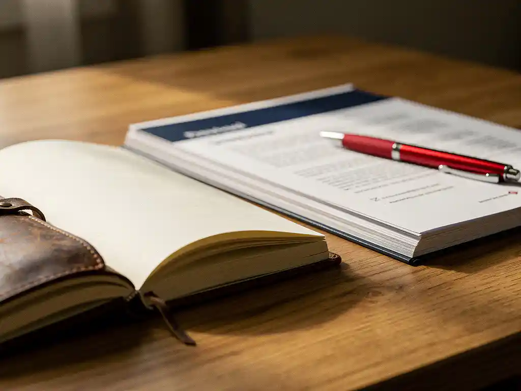 Opengeslagen leren notitieboek met handgeschreven evaluatienotities naast een gedrukt voorstel op een eikenhouten bureau, met een rode pen.