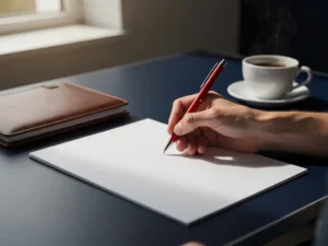 Hand schrijft aantekeningen op wit document met rode pen, naast leren portfolio en dampende koffie op opgeruimd bureau.
