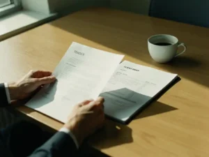 Consultanthanden houden wazig aanbestedingsdocument vast terwijl scherpe klantbriefing onaangeroerd op eikenhouten bureau ligt.