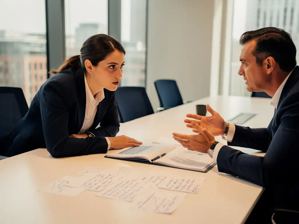 Consultant luistert aandachtig naar een cliënt tijdens een B2B-overleg met aanbestedingsdocumenten op een vergadertafel.